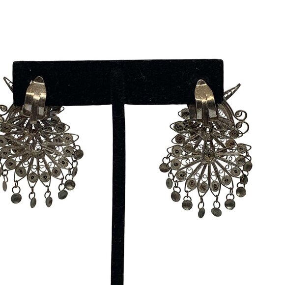 Vintage Peacock Design Filigree Clip On Earrings Elegant Silver Statement Jewelr - Picture 3 of 3